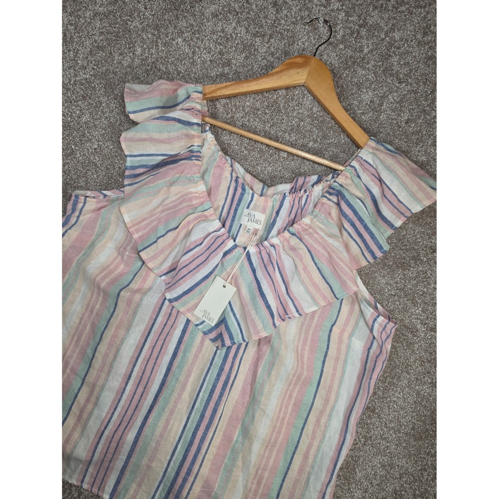 Ava James Womens 2X Linen Blend Ruffle V-Neck Striped Sleeveless Blouse